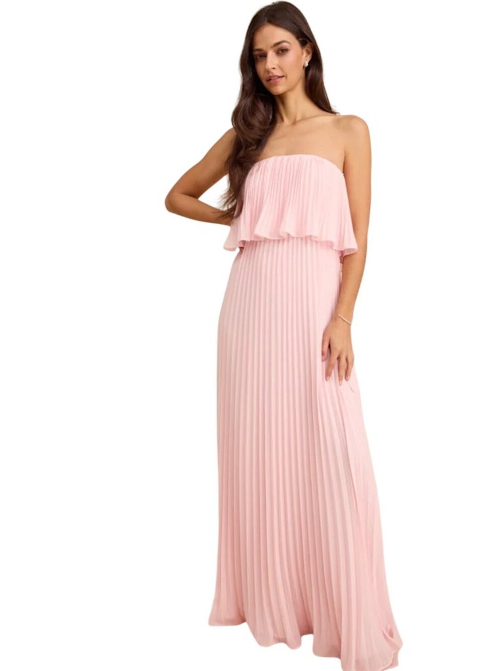 Lulus Arietta Light Pink Pleated Strapless Maxi Dress Sz MED Event Bridesmaid